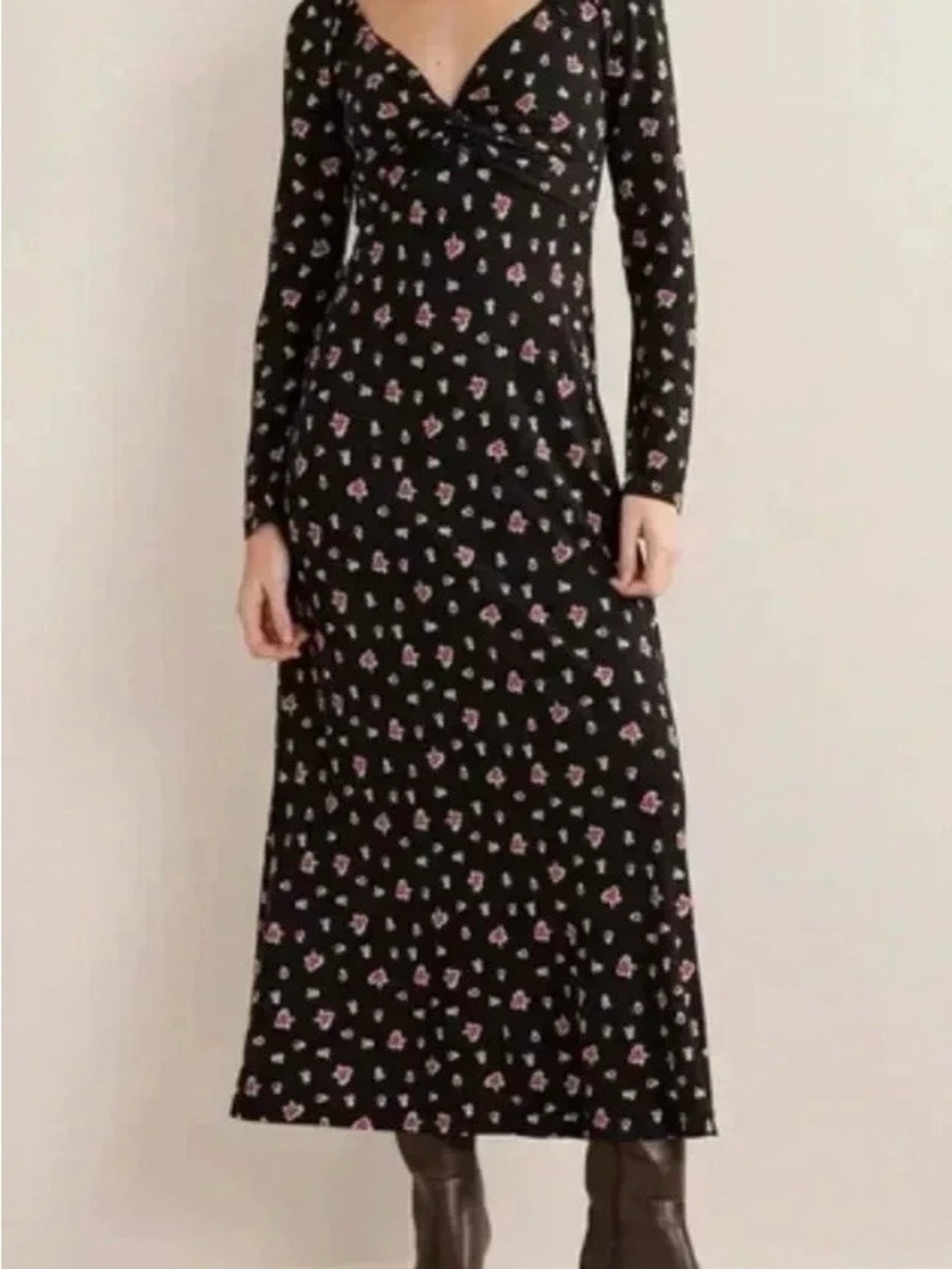 Boden Black Midi Dress with Pink Floral Print